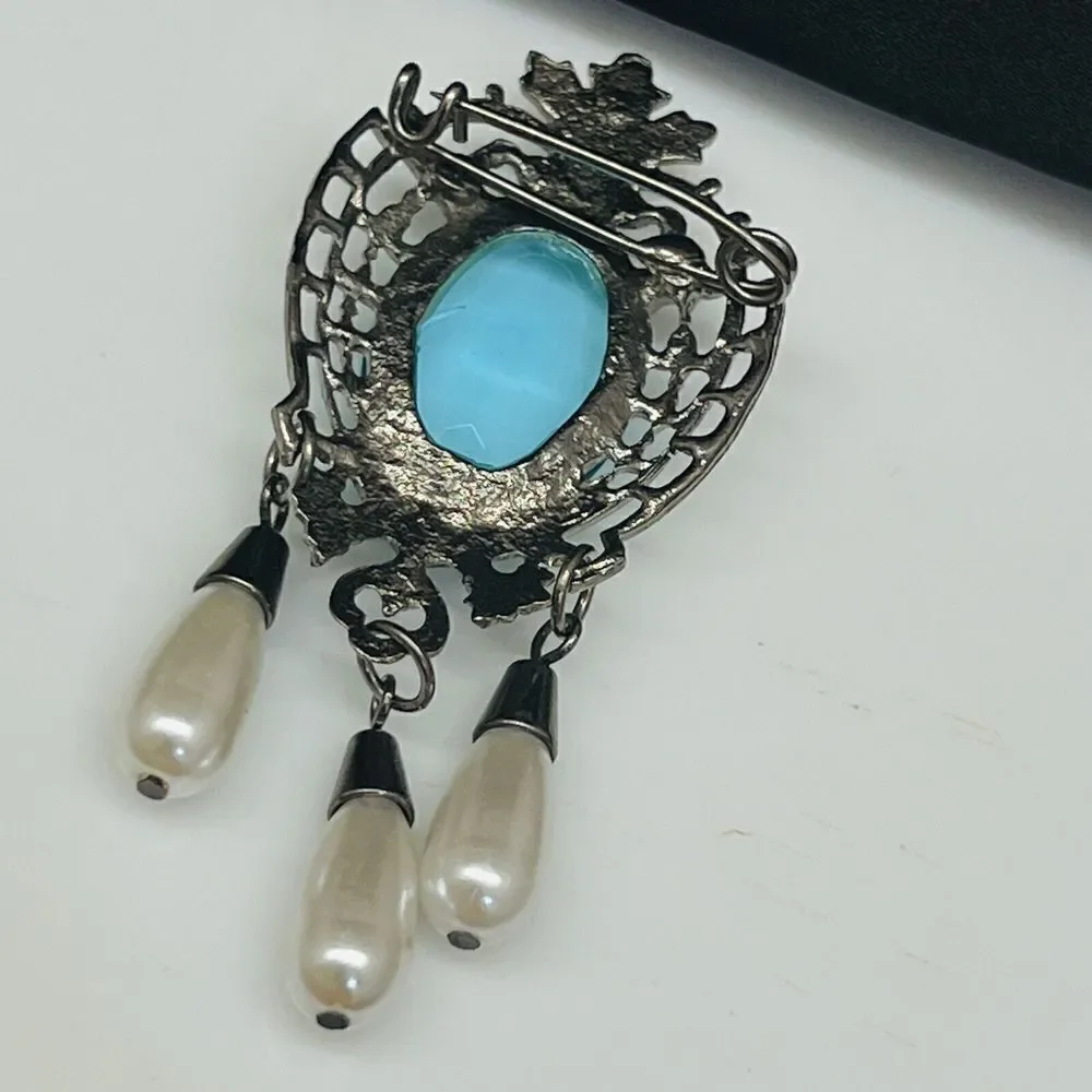 Vintage Brooch Faux Topaz Pearl Dangle Edwardian Inspired Costume Silver 1181